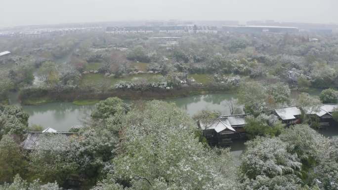 江南中式庭院雪景杭州西溪湿地