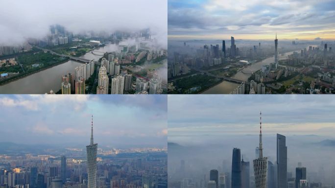 广州塔，云雾消散，朝霞满天