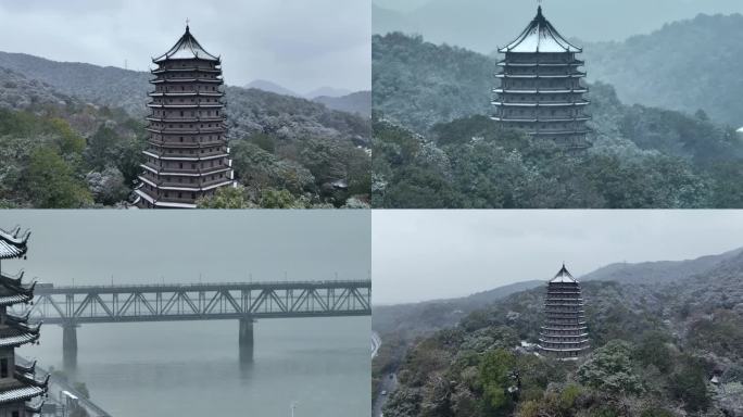 航拍杭州六和塔雪景