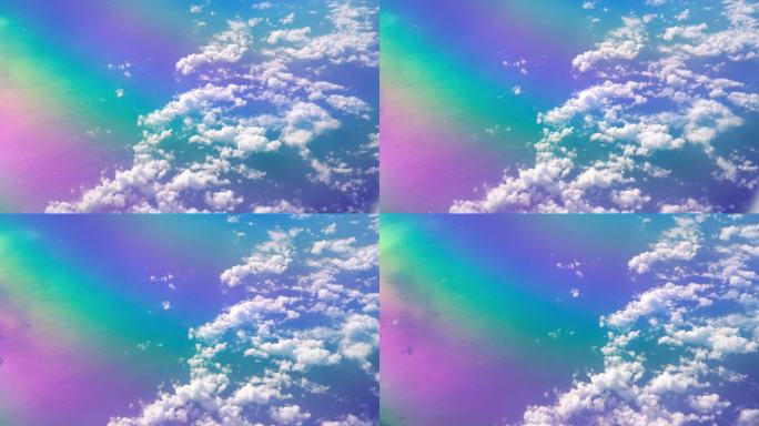 从飞机窗口拍摄的4K美丽彩虹光谱彩色云天和海景