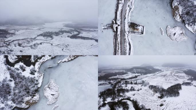 冰湖下雪高山风光航拍视频