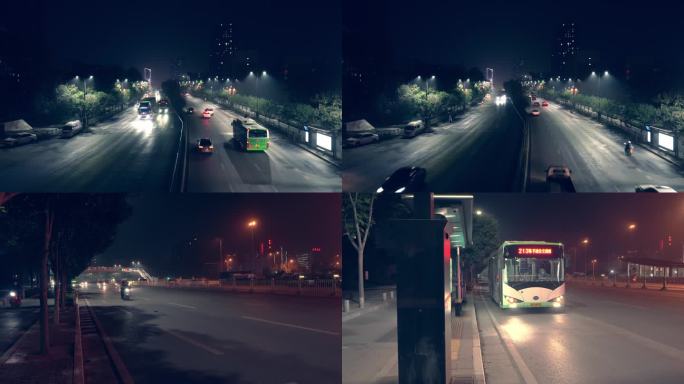 公交站及城市夜晚交通延时拍摄