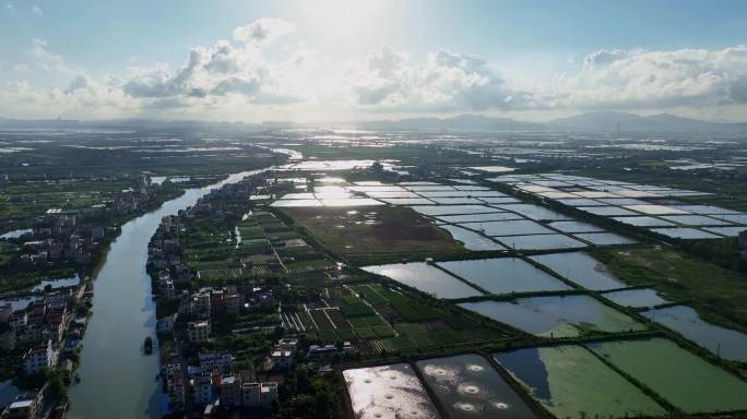 大场面开阔S形水道转弯河道水产养殖基地