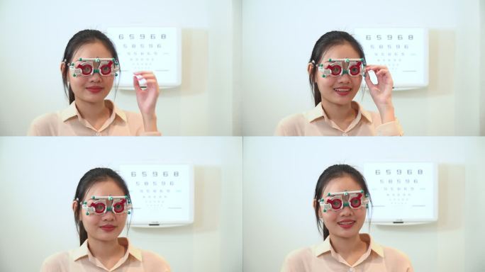 特写：亚洲年轻女性在从验光师那里获得合适的镜片后，戴上光学试验架，测试视力表、斯奈伦视力表，准备戴光
