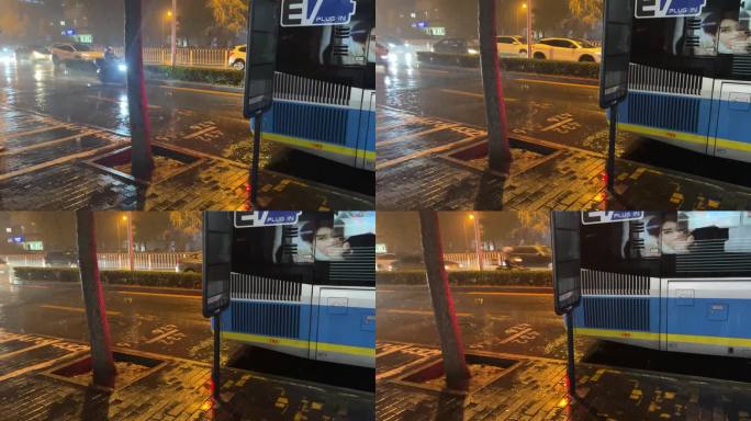 雨天夜晚下雨公交车站行人马路积水