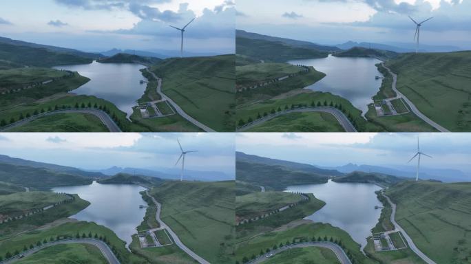【4k】实景航拍山区公路 风车湖泊自然