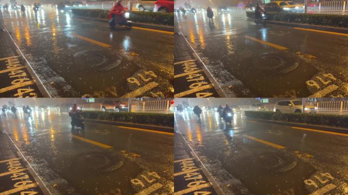雨天夜晚下雨公交车站行人马路积水