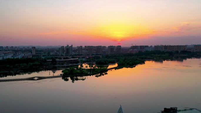 潍坊鸢都湖夕阳航拍