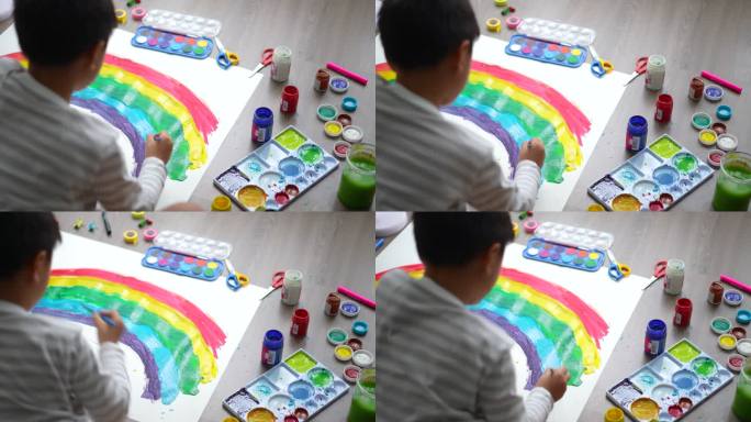 亚洲男孩用水彩画地球和彩虹。生态创意概念与环境问题
