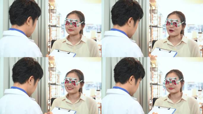 验光师在调整距离试验框架后撰写报告，测试亚洲年轻女性的视力，准备制作光学眼镜，表达积极情绪，微笑以提