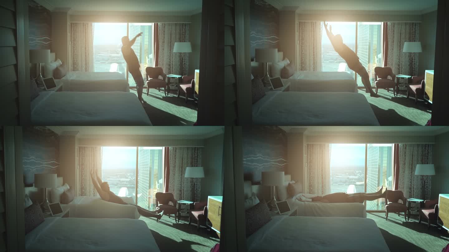 男子在床上真实慢动作跳跃的视频
