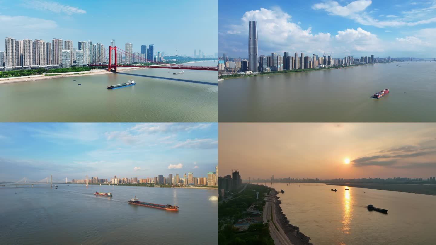 4K中国湖北武汉长江上的航运货船与城市