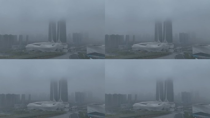 河西双子楼云海大雾平流雾4K超高清航拍
