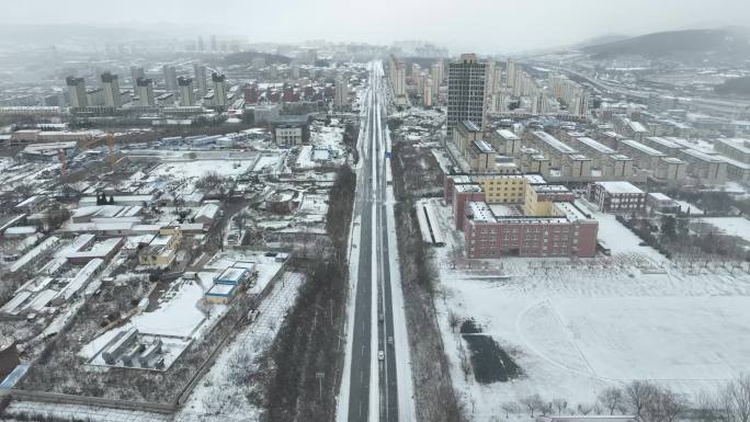 航拍东北城市农村雪景 下雪天