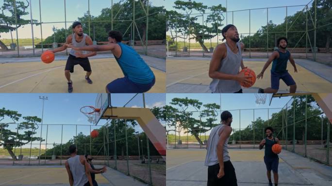 街头篮球两个人打篮球投篮灌篮运球拍球