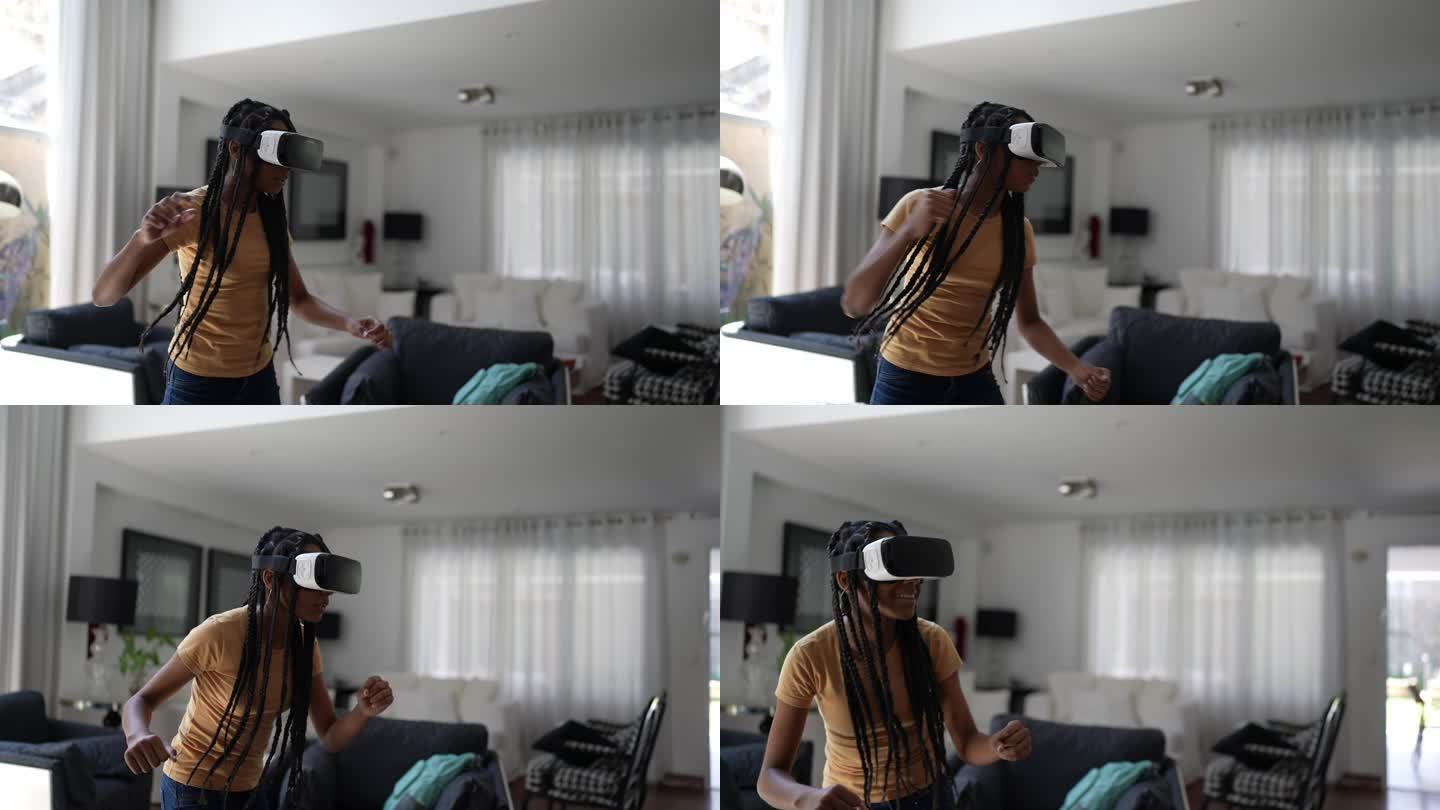 青少年女孩在家中使用VR眼镜玩耍