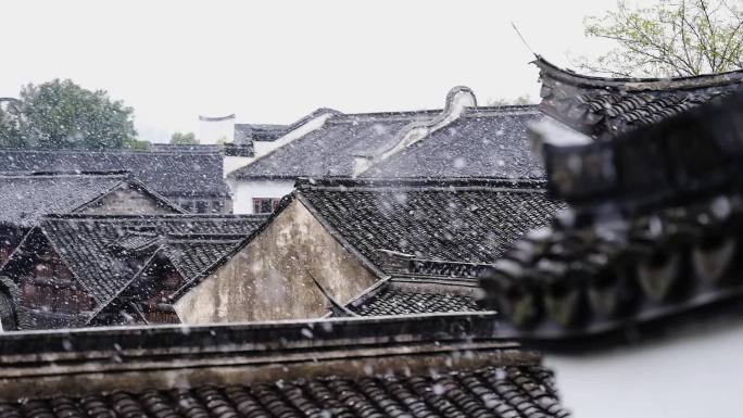 徽派建筑古镇江南雪景初雪