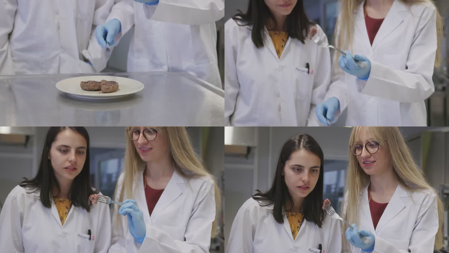 三名女性生物技术科学家在实验室厨房烹饪和测试养殖肉制品