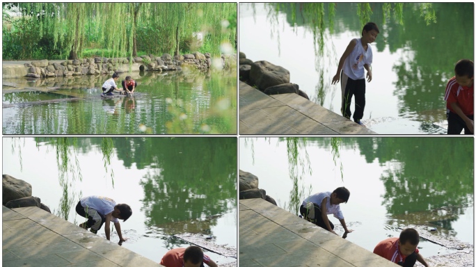 童年时光儿童河边玩水钓鱼