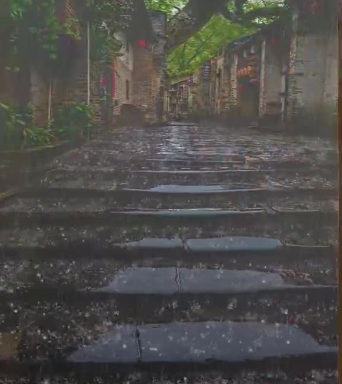 室内拍摄室外正在下雨的古镇