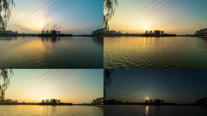 陕西省榆林市榆阳区河滨公园榆溪楼湖水日出