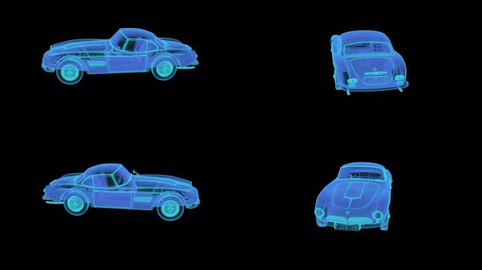 60年代老式跑车科技线框蓝色全息投影素材