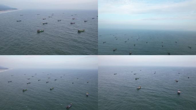 大海成群渔船航拍