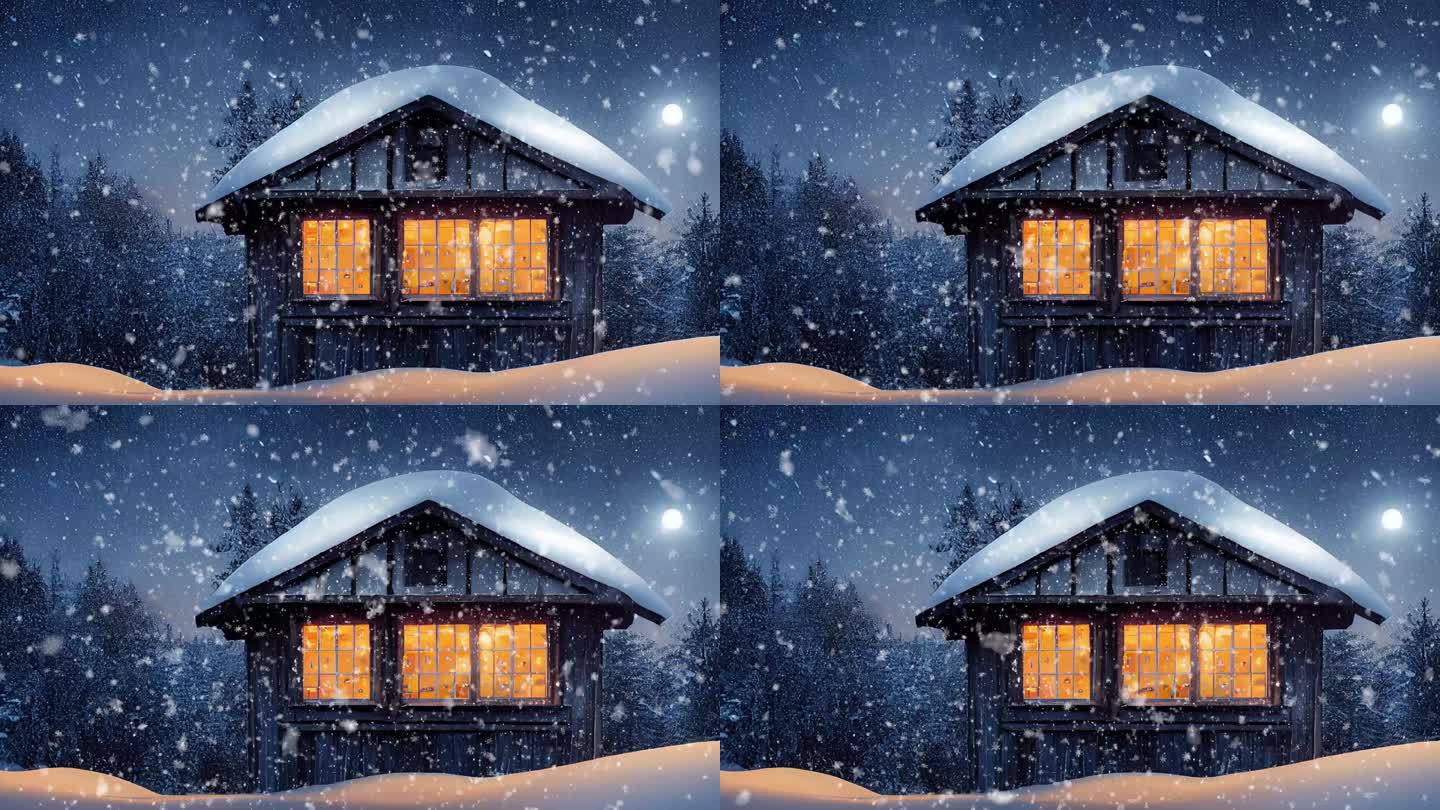 在雪夜装饰的舒适的乡村房屋