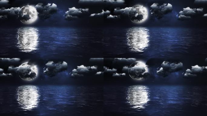 月亮映射水中云朵飘动夜景4K