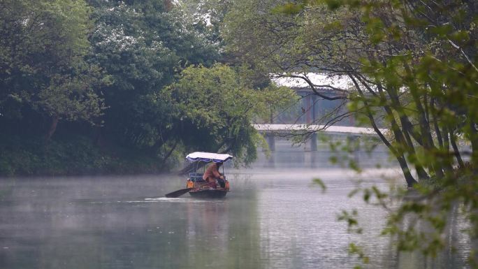 西湖湿地晨雾中的手划船