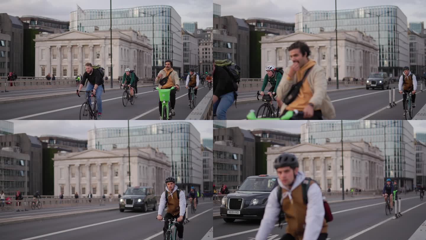 英国4k素材_伦敦桥自行车流从镜头前经过