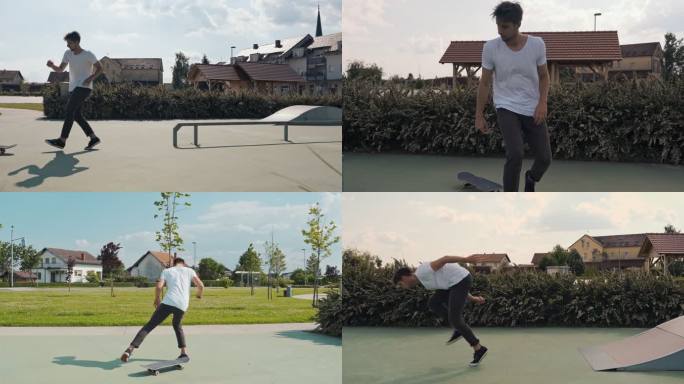 MS Combined剪辑年轻人在阳光明媚的滑冰公园玩滑板。意外跳跃。