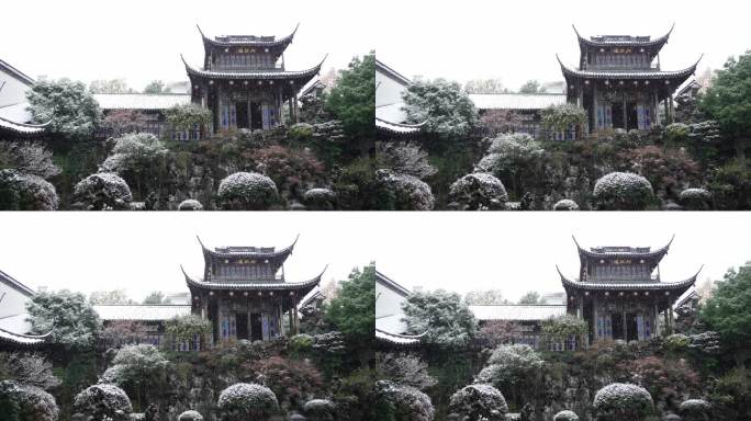 下雪大雪纷飞江南园林古建筑升格慢镜头