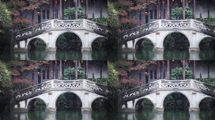 冬天下雪江南园林建筑石拱桥升格慢动作