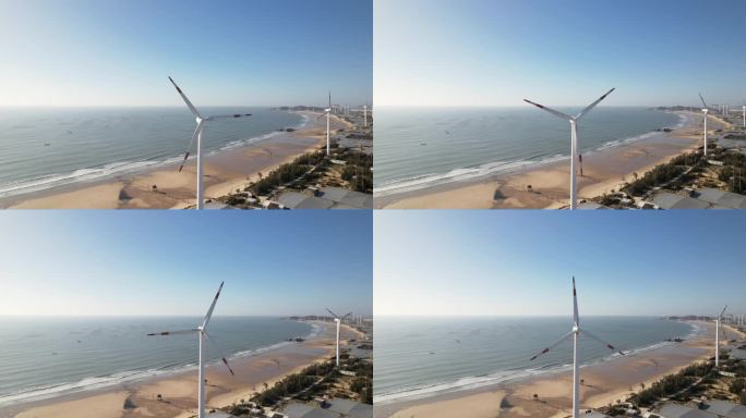 海滩上风力涡轮机的高角度视图