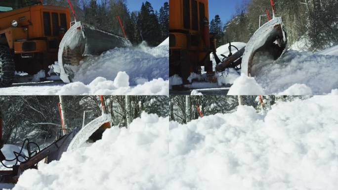冬日阳光明媚的一天，一辆橙色拖拉机在山间森林旁的雪堆后面犁出了厚厚的雪