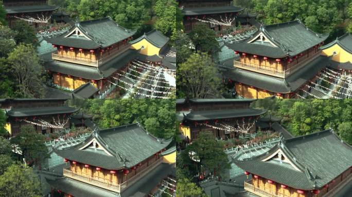 中国杭州，佛教寺庙的无人机视图。