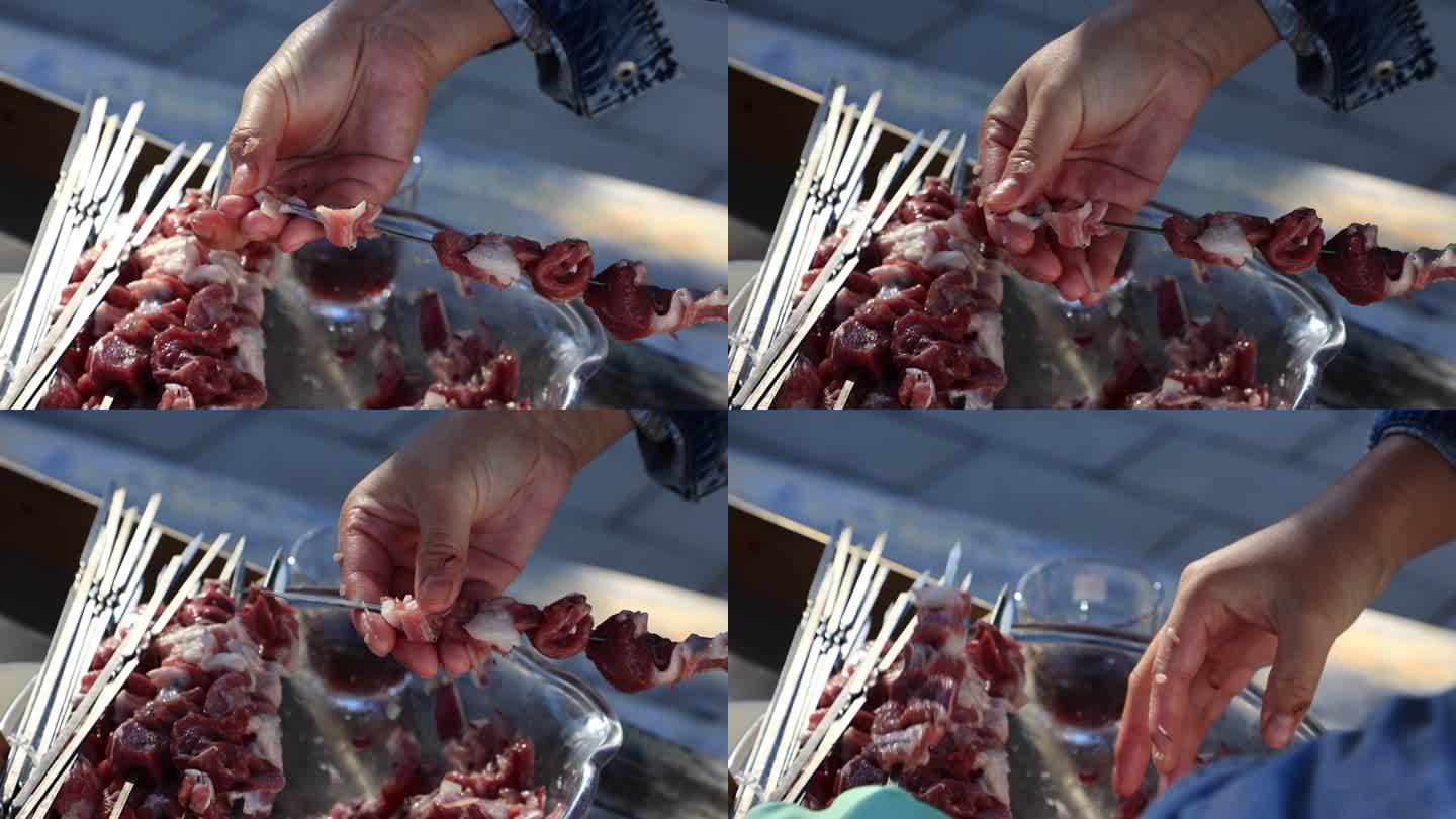 羊肉串制作手工铁签切割