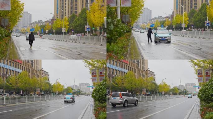 城市秋天伤感下雨街道行人拦出租车