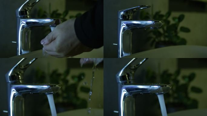 不锈钢水龙头男人洗手清洁手部动作特写近景