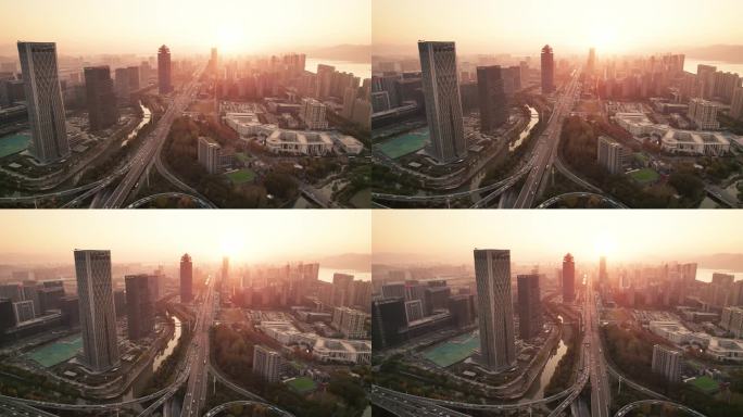 日落时分杭州高架路鸟瞰图
