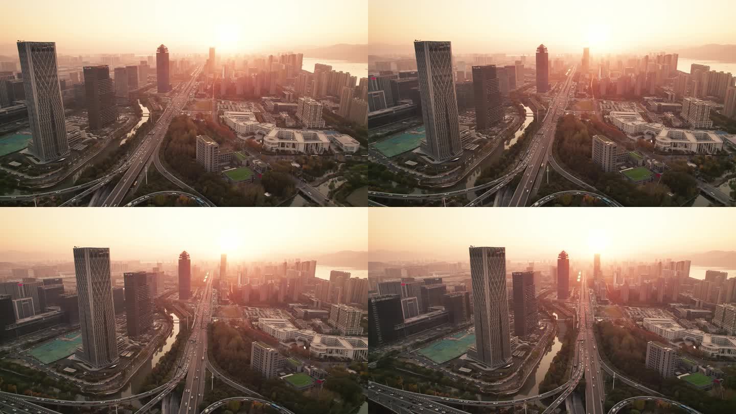 日落时分杭州高架路鸟瞰图