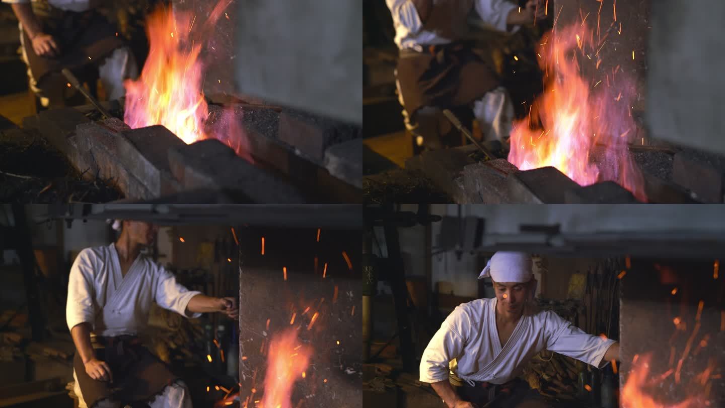 铁匠在他的锻造厂铁匠锻造火焰火苗鼓风机加