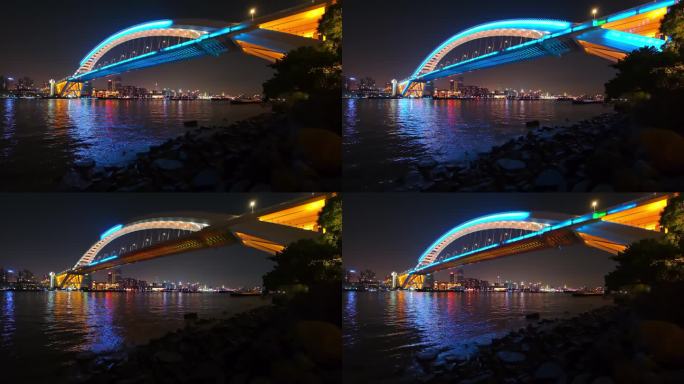 上海浦东新区卢浦大桥岸边夜景全景视频4K