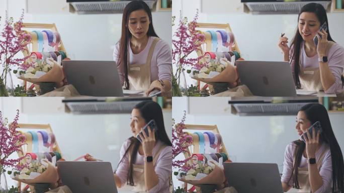 亚洲女花艺师，一家小型商业花店的老板，正在用笔记本电脑对付花草。检查库存，接受客户订单，在线销售产品