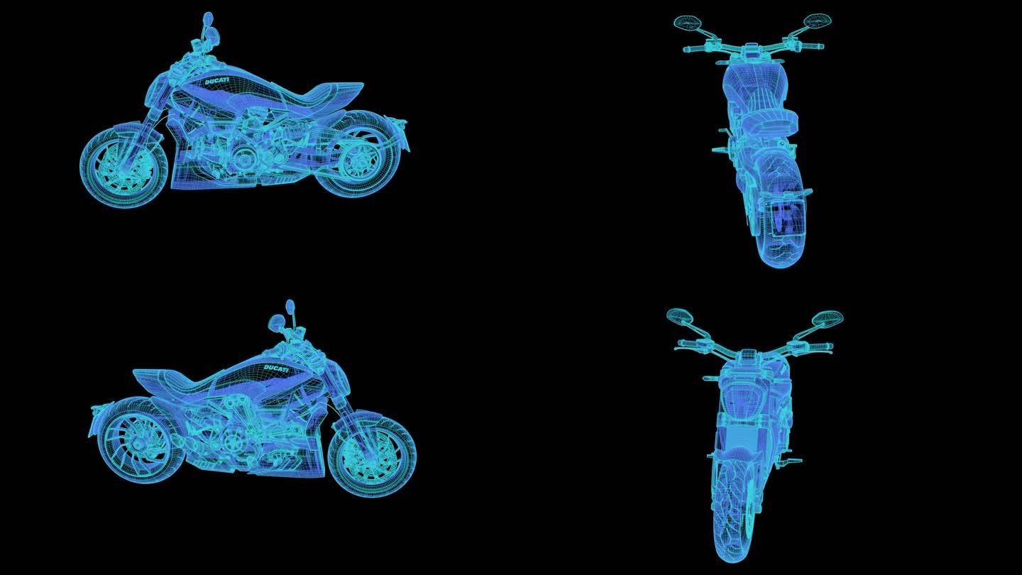 蓝色线框全息投影素材 - 杜卡迪X摩托车