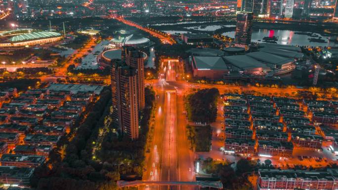 义乌城市交通车流夜景航拍延时