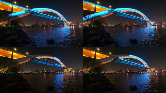 上海浦东新区卢浦大桥岸边夜景全景视频4K