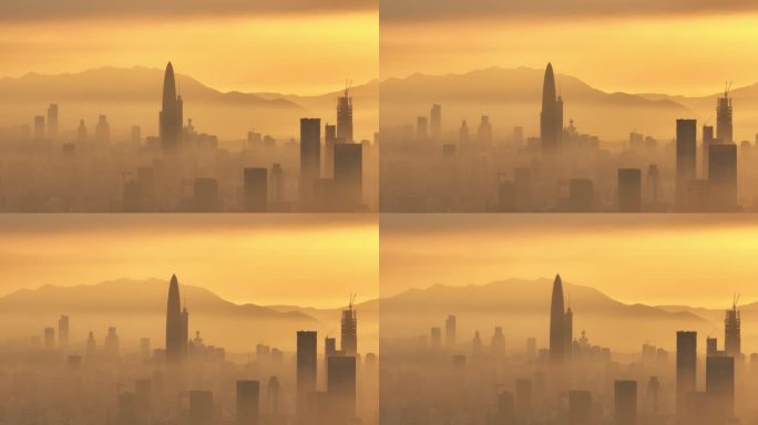 4K正版-长焦视角深圳罗湖地标晨光薄雾