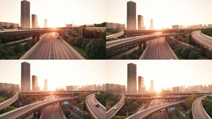日落时分杭州城市道路鸟瞰图